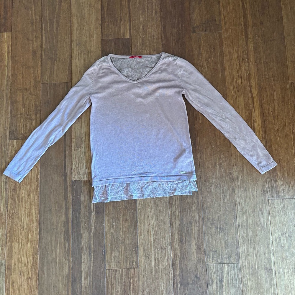 Guess Dusty Blush Lace Trim V-Neck Layered Hem Long Sleeve Sweater Top S